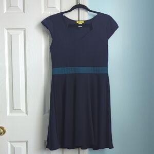 Cap-Sleeve Navy Midi Dress with Teal Waistband
